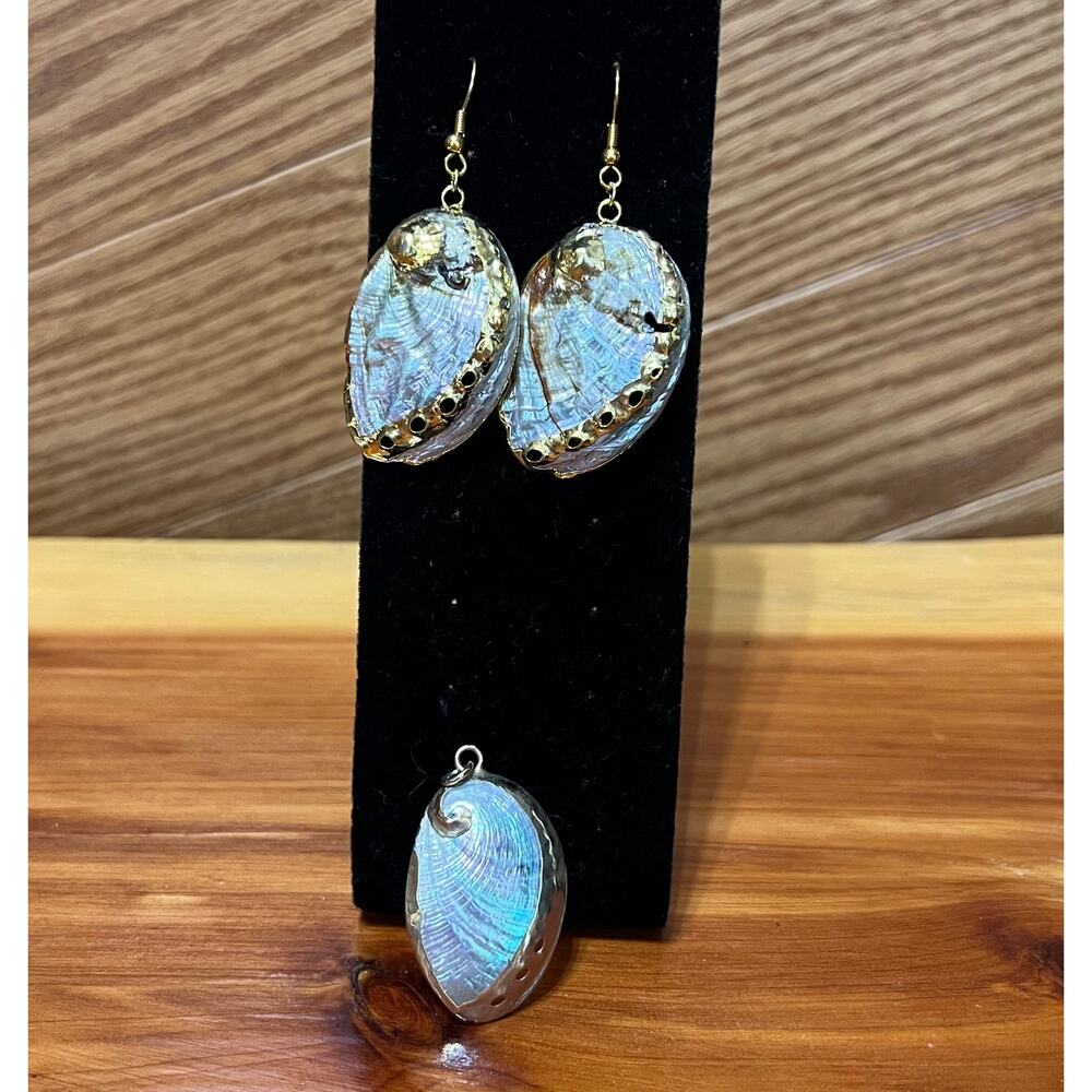 Vintage Iridescent Natural Abalone Shell Earrings &‎ Pendant Tribal Jewelry